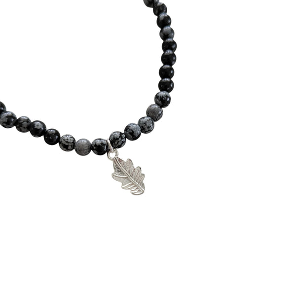 925 Sterling Silver Oak Leaf Charm on a Snowflake Obsidian round beaded bracelet