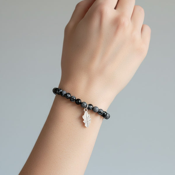 Snowflake Obsidian Crystal Beaded Bracelet with 925 Sterling Silver Oak Leaf Charm 