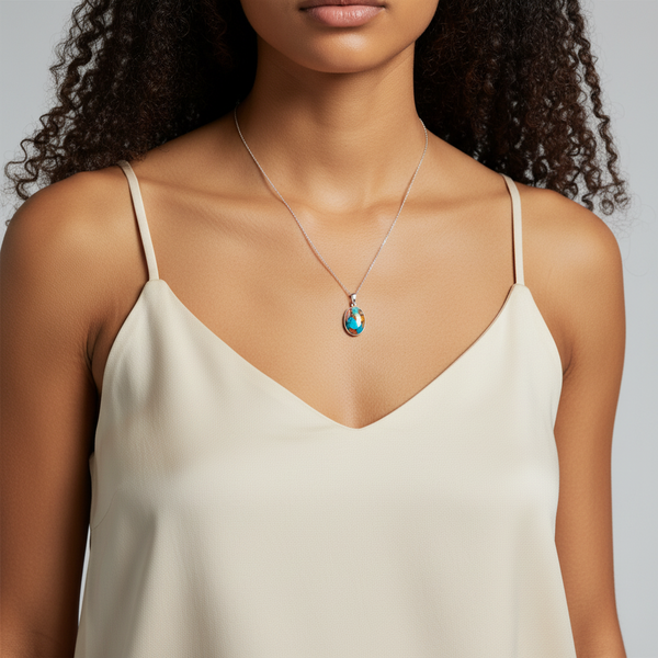 925 Sterling Silver Necklace with a Spiny Oyster Turquoise Oval pendant on a model.