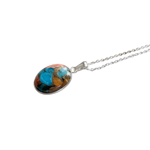 Spiny Oyster Turquoise Oval Pendant on a 925 Sterling Silver 18 inch chain. 