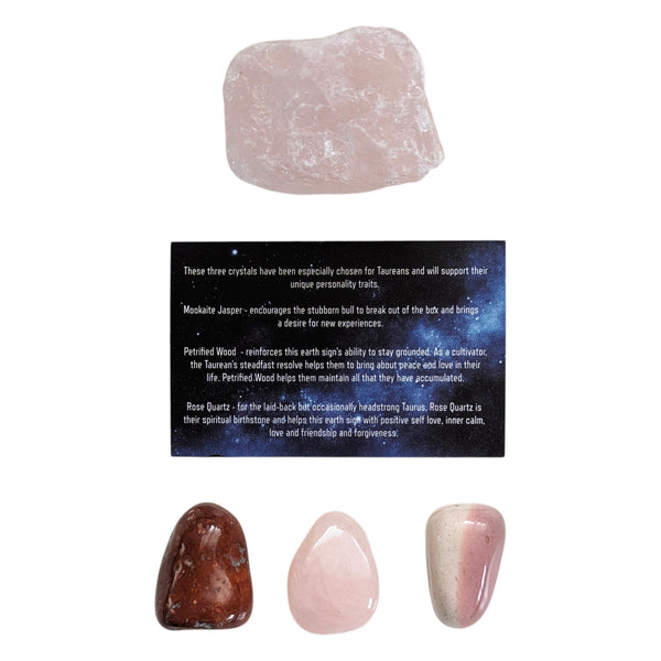 raw rose quartz and three tumblestones linked to Taurus; petrified wood, rose quartz and mookaite jasper.