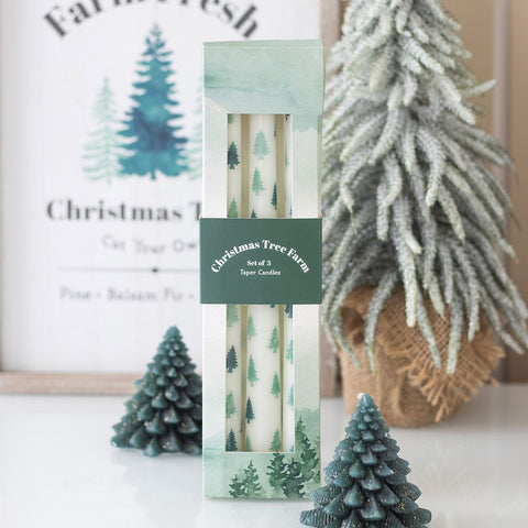 Set of Three White Fir Tree Taper Candles