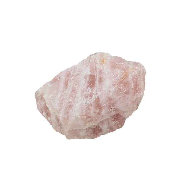 A rough, unpolished piece of rose quartz crystal with natural striations.