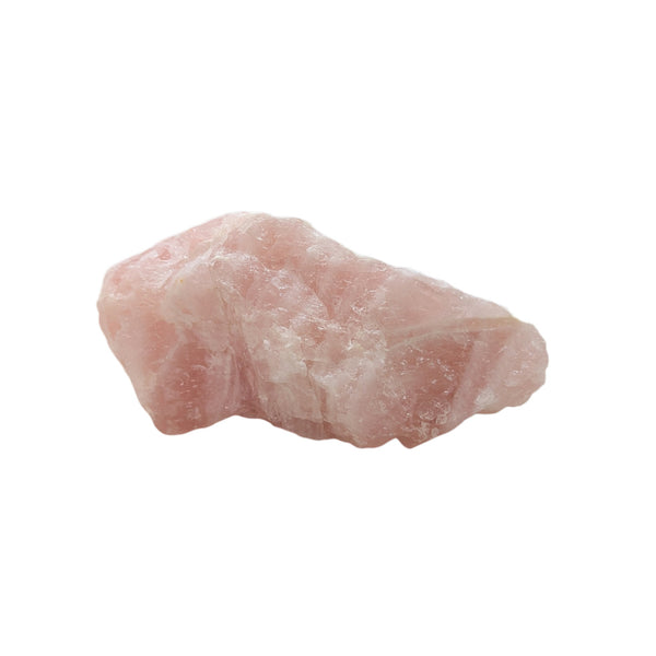 A rough, unpolished piece of rose quartz crystal with natural jagged edges and a pale pink color.
