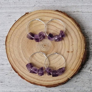 Sterling Silver & Mini Raw Amethyst Hoops