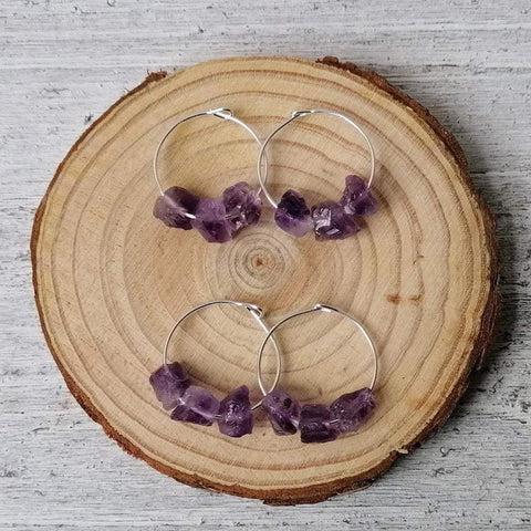 Sterling Silver & Mini Raw Amethyst Hoops