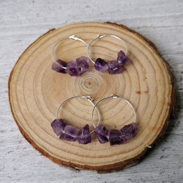 Sterling Silver & Mini Raw Amethyst Hoops