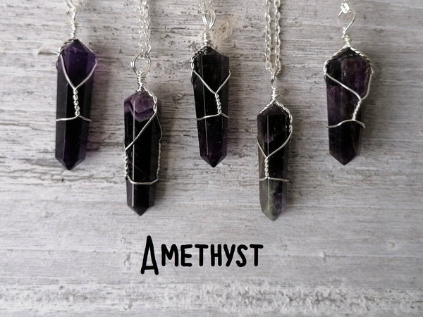 Crystal Wire Wrap Necklaces - Amethyst, Clear Quartz and Black Tourmaline