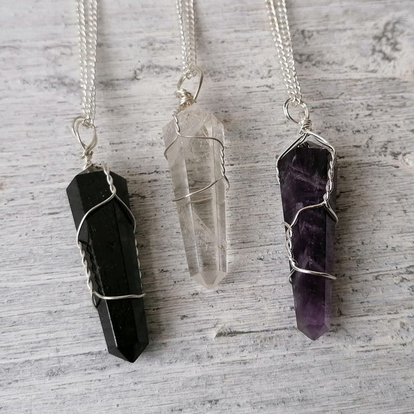 Crystal Wire Wrap Necklaces - Amethyst, Clear Quartz and Black Tourmaline