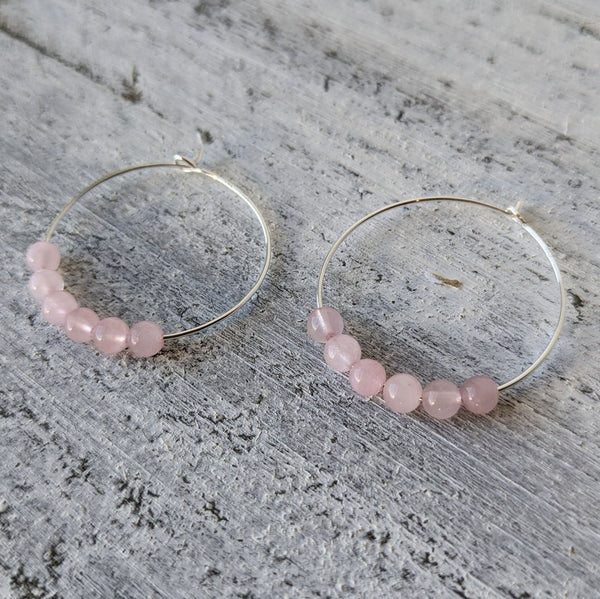 Genuine Rose Quartz & Sterling Silver Hoop Earrings in Gift Box