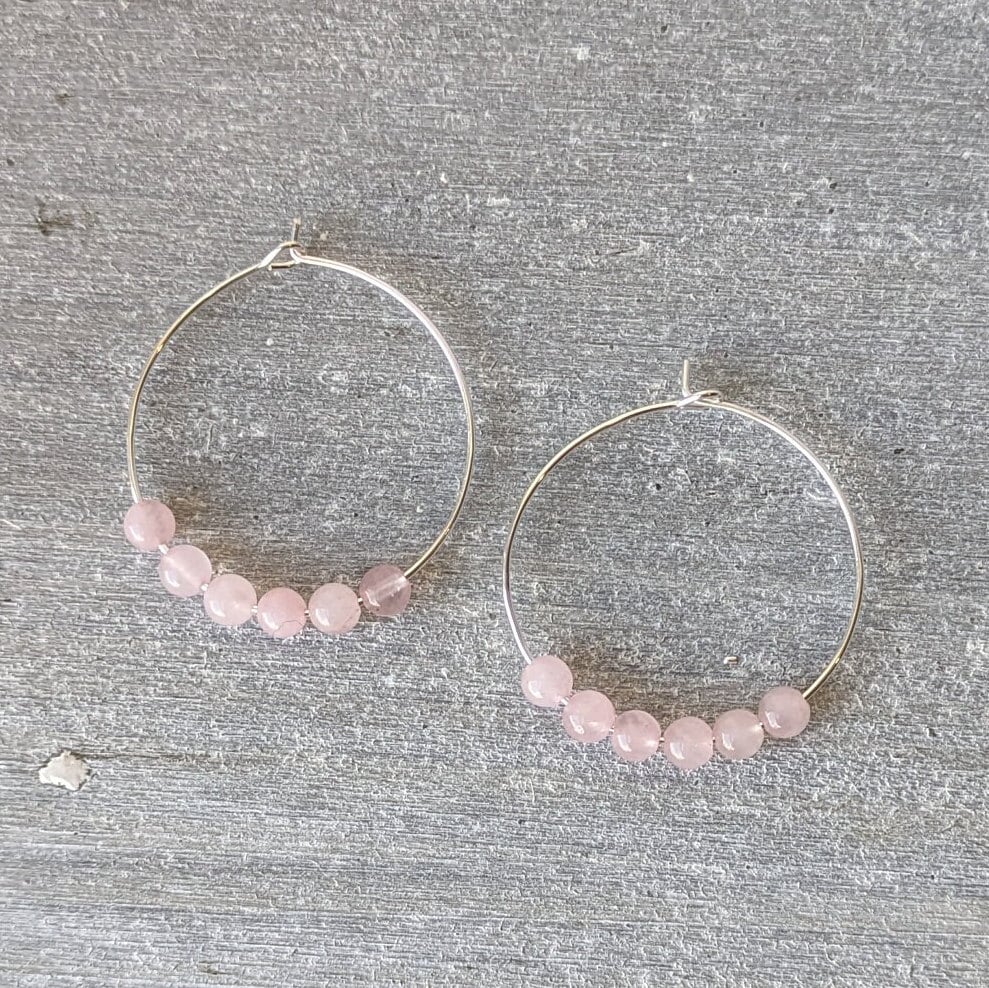 Genuine Rose Quartz & Sterling Silver Hoop Earrings in Gift Box