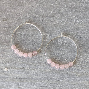 Genuine Rose Quartz & Sterling Silver Hoop Earrings in Gift Box