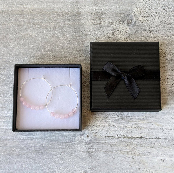 Genuine Rose Quartz & Sterling Silver Hoop Earrings in Gift Box